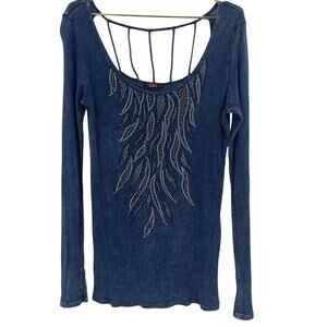 T Party Fashion Blue Long Sleeve Top with Rhinestones